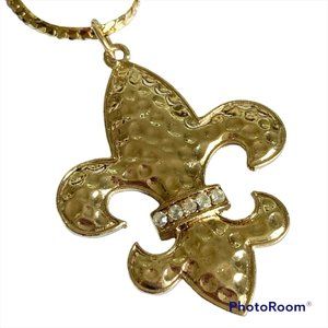 Vintage Fleur de Lis Pendant Necklace Gold Plated 24" BIG Statement Mardi Gras